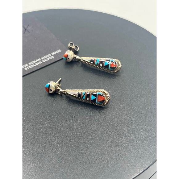 Vintage Zuni Sterling  Multi-Stone Inlay Dangle Earrings Turquoise Coral New - Picture 3 of 10